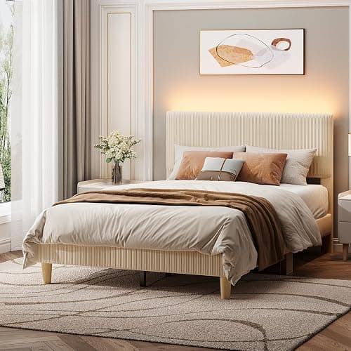Bestier Full Bed Frame with Adjustable Headboard, LED Lighting, Vertical Channel Tufted Corduroy Upholstered, Solid Wooden Slats Support, No Box Spring Needed, Never Squeaks, Easy Assembly, Beige - Image 1