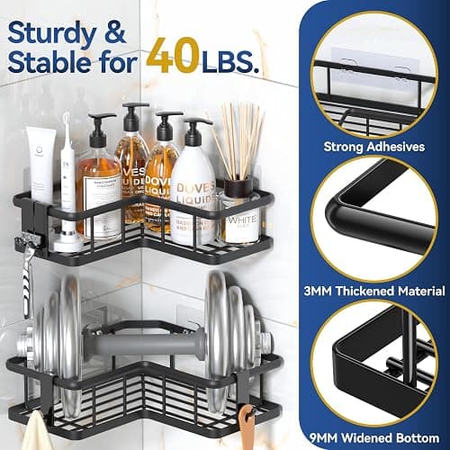 YASONIC Shower Caddy Corner, 5-Pack Shower Caddy Organizer with 4 Removable Hooks and Soap Holder, Rustproof Shower Shelves for No Drilling Large Shower Organizer Corner - Black - Black - 5pack thumbnail 3