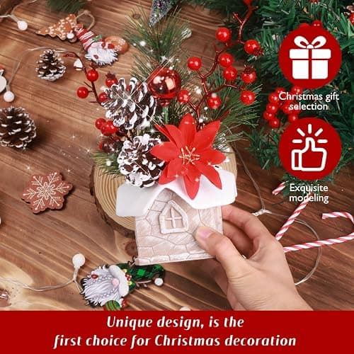 Small Christmas Tree Tabletop Artificial Mini Christmas Tree Decorations with Holiday Ornaments Red Berry Pine Cone Greenery for Home Indoor Fireplace Mantel Xmas Decor (Cabin-Red Flowers) thumbnail 3