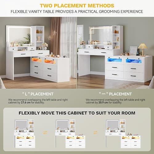 YITAHOME Vanity Desk with Mirror and Lights, RGB Makeup Vanity Table Set with 10 Drawers and 4 Storage Shelves, 3 Lighting Modes Adjustable, Large Makeup Dressing Table with Charging Station, White thumbnail 6