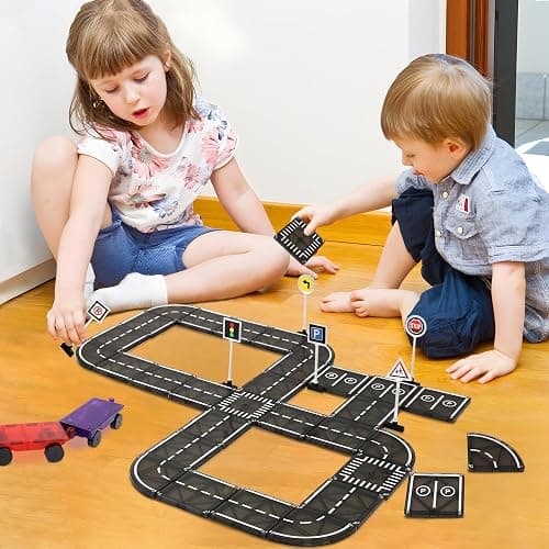 Playmags Magnetic Tiles Road Set - 50 Pcs STEM Educational Construction Toy Car Track, Building Blocks Magnet Toys for Toddlers, Safe for Ages 3+ thumbnail 2