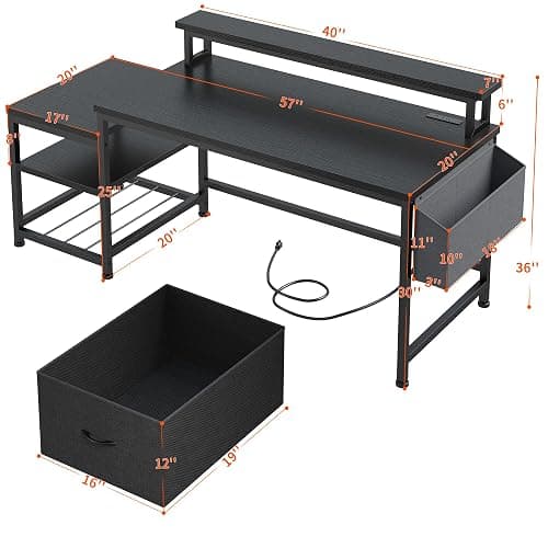 EnHomee 57" Computer Desk with Drawers and Printer Space,Office Desk with Power Outlets,Home Office Desks with File Drawers Cabinet,Study Writing and Gaming Desk with Shelves Monitor Stand,Black thumbnail 2