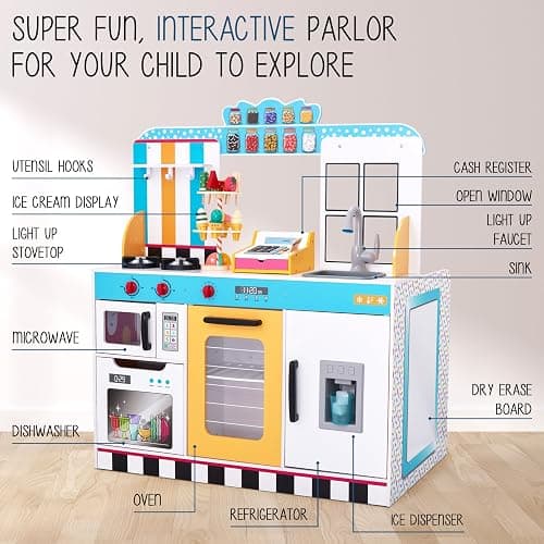 Lil' Jumbl Wooden Ice Cream Parlor Playset, Interactive Diner Set, Ages 3+ | Lets kids run a pretend dessert shop with cash register, freezer, sink, and menu boards for imaginative fun. thumbnail 5