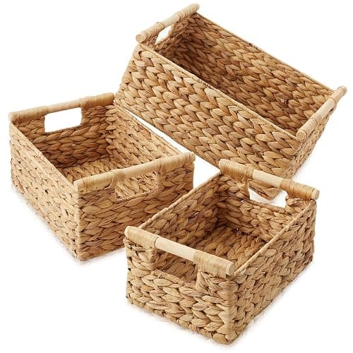 Casafield Set of 3 Water Hyacinth Rectangular Storage Baskets with Wooden Handles - Small, Medium, and Large Woven Nesting Baskets for Organizing thumbnail 3
