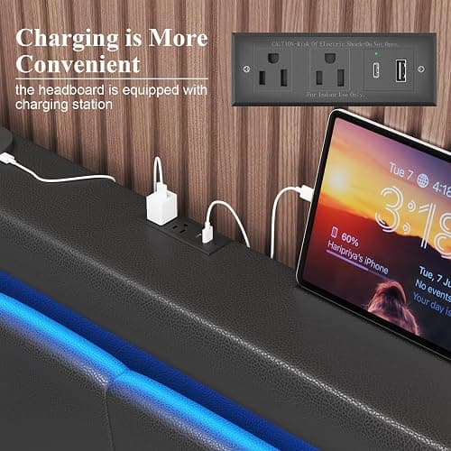 Queen Size Bed Frame with 4 Storage Drawers and LED Lights, Upholstered Platform Bed with Adjustable Headboard and Charging Station, Metal Slats Support, No Box Spring Needed,Easy Assembly, Black thumbnail 6