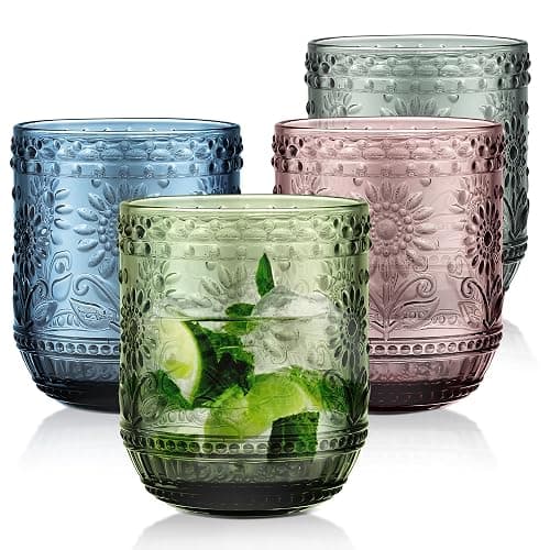 Joeyan Trinkgläser Set Bunte, 4 teiliges 360 ml Hochwertige Gläser Set für 4 Personen, Farbig Wassergläser Spülmaschinenfest, Saftgläser, Modernes Blume Embossed Design für Picknicks, Camping, Partys - Image 1