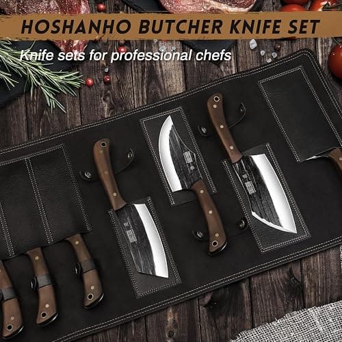 HOSHANHO Butcher Knife Set, Sharp Kitchen Knife Set & Roll Bag Gift for Men | Hand Forged 8PCS Butcher Chef Knife Set with Meat Cleaver Knife & Bone Chopper Knives & Fillet Knives for Home, Camping, BBQ thumbnail 6