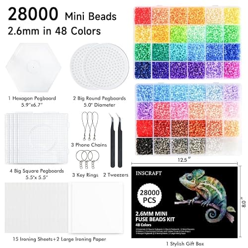 INSCRAFT 28,000 Mini Fuse Beads, 2.6mm 48 Colors Melty Beads with 7 Pegboards 15 Ironing Sheets 2 Tweezers 2 Ironing Papers & 6 Chain Accessories thumbnail 3