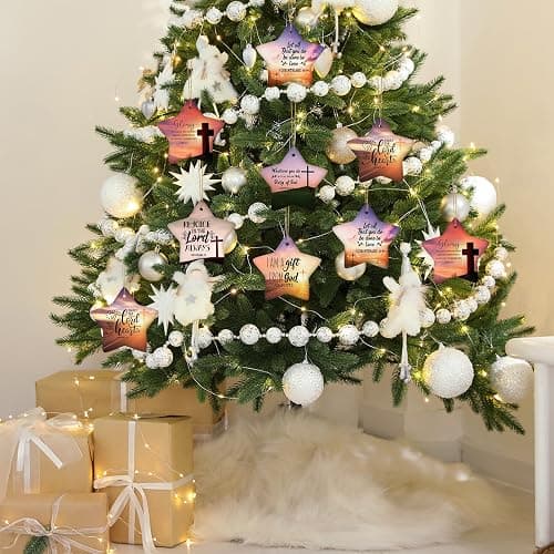 Syhood 24 Pcs Christian Christmas Ornament 12 Styles Bible Verse Christmas Ceramic Ornament Religious Ornaments Star Shaped Hanging Ornaments for Xmas Tree Church Member Gift thumbnail 5
