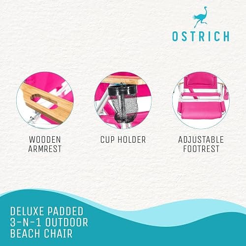 Ostrich Reclining Lounge Chair, Deluxe 3 in 1 Folding Outdoor Beach Lounger, Pink - Compact and Portable Recliner for Pool Tanning, Lawn, Patio, and Yard thumbnail 5