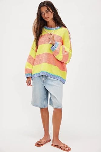 Aisongyuan Women Fall Color Block Striped Sweater Crewneck Long Sleeve Loose Pullover Sweaters Knitted Tops thumbnail 6
