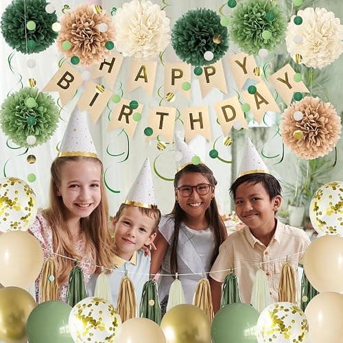 Green Birthday Party Decorations for Women Girls with Happy Birthday Banner,Tissue Paper Pompoms, Paper Tassel,Circle Garland,Hanging Swirl,Decorations Balloons for Party Decor (sage green) thumbnail 7