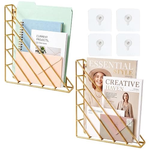 Home Office Magazine Rack, 2 Pack Wall File Organizer with 4 No-Drill Adhesive Hooks, Gold Metal Wall Mounted Magazine Holder for Mail, Folders, Papers and Reading Materials in Entryway, Living Room - Image 1