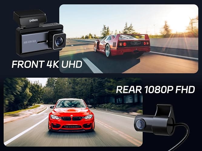 Pelsee 4K Dash Cam Front and Rear, 64GB SD Card, Dual Dash Camera for Cars with Wi-Fi, GPS, ADAS, BSD, LCA, 3’’ IPS Display Car Camera, APP & Voice Control, Night Vision, 24H Parking Mode thumbnail 2