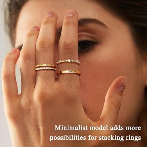 FUNRUN JEWELRY Stackable Gold Rings for Women Non Tarnish 14K Gold Plated Minimalist Cubic Zirconia Statement Engagement Promise Band Rings Thin Dainty Knuckle Thumb Ring Set Size 5-10 thumbnail 2