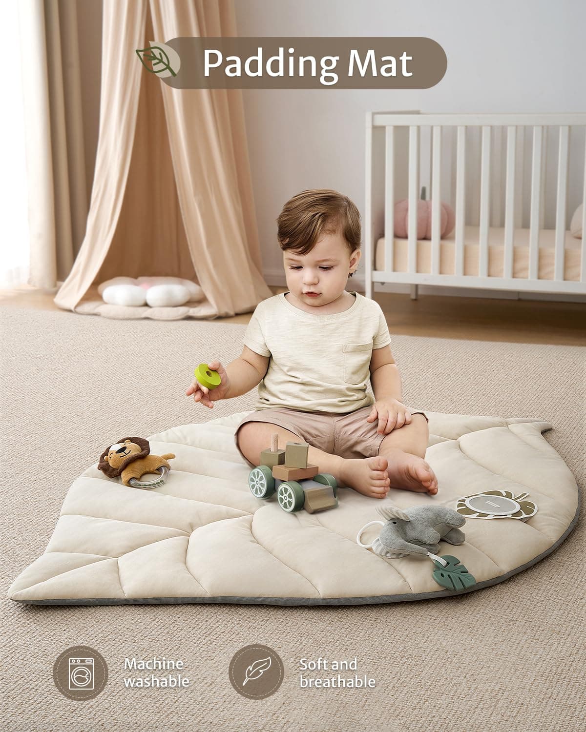 Blissful Diary Baby Play Gym & Activity Mat, Leaf Shaped Baby Tummy Time Play Mat with 6 Detachable Toys, Promotes Motor Skills & Sensory Development, Oatmeal Beige thumbnail 4