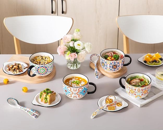 Chubacoo Soup Bowl with Lid & Spoon: Ceramic Large Microwavable Bowl with Plate Combo - Ideal for Ramen Cereal Oatmeal Noodles Sandwich Chip & Bread Dip Cracker - Big Handle, 32 oz, C-pattern thumbnail 5