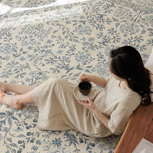 jinchan 8x10 Washable Living Room Area Rug, Vintage Floral, Blue/Cream | Soft Non-Slip Low-Pile, Botanical Aesthetic Throw Carpet for Bedroom Dining Room Nursery thumbnail 2