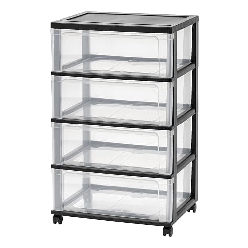 IRIS USA Plastic Drawer Storage Organizer Rolling Cart, with Wheels Casters, 4-Drawers, for Art Craft Supplies Bathroom Dorm Bedroom Laundry Room, Wide, Black - Image 1