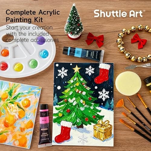 Shuttle Art 48 Pack Acrylic Paint Set, 30 Colors Acrylic Paint (36ml) with 10 Brushes 5 Canvas 1 Paint Knife 1 Palette 1 Sponge, Complete Set for Kids, Adults Painting on Canvas Rocks Wood Ceramic thumbnail 5