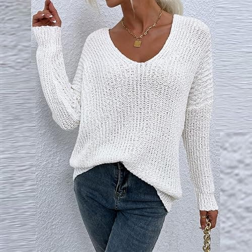 Sexy V Neck Sweaters for Women Off Shoulder Jumper Long Sleeve Lightweight Knit Top Casual Loose Fit Fall Pullover Sweater thumbnail 2