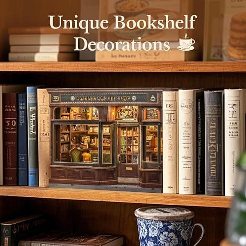 Fsolis Book Nook Kit - DIY Bookshelf Miniature Kit for Adults 3D Puzzle Booknook Bookstore Bookshelf Diorama Cafe Shop Tiny House with Cat, Craft Gifts for Women Book Lovers (Corner Coffee Shop) thumbnail 7
