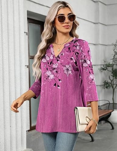 Zeagoo Womens 3/4 Length Sleeve Tops V Neck Tunic Casual Dressy Blouse Floral Printed Shirts thumbnail 4