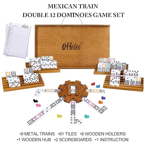 Offelec Mexican Train Dominoes Set with 8 Holders, Double 12 Dominos Set for Adults, Mexican Dominoes Train for Kids and Family Game, Mexican Train Games with 91 Colored Tile Dominos and Wooden Box thumbnail 7