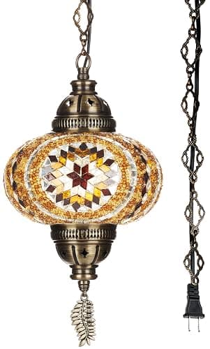 DEMMEX Plug-in Turkish Moroccan Mosaic Hanging Pendant Ceiling Light – Swag Lamp Fixture with 15ft Cord & Chain, Handcrafted Glass, Vintage Tiffany Style, Mediterranean Exotic Decor, Amber Brown | Handcrafted Glass, Mosaic, Exotic Decor, 15ft Cord & Chain, Plug-in thumbnail 3