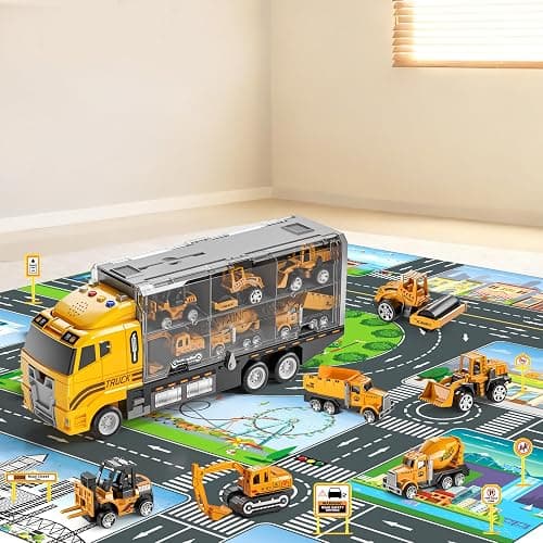 NIPLOOOW Toddler Boys Construction Truck Vehicle Toy Set with Play Mat and Die-Cast Toy Car, Transport Carrier Truck for Kids 3-5, Birthday Gifts Toys for 3-8 Year Old Boys thumbnail 3
