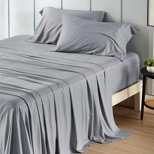 Bedsure Queen Sheet Set, Rayon Derived from Bamboo, Cooling Sheets, Deep Pocket Up to 16", PureWoven, Breathable & Soft, Hotel Luxury Silky Bedding for Hot Sleepers, Silver Grey thumbnail 4