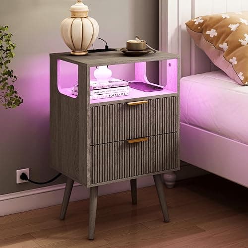 JOONEE Nightstand with Charging Station and LED Lights,Modern Bedside Table with 2 Storage Drawer and Open Wood Shelf, for Bedroom and Small Spaces,Night Stand with Solid Wood Legs,GreyOak - Image 1