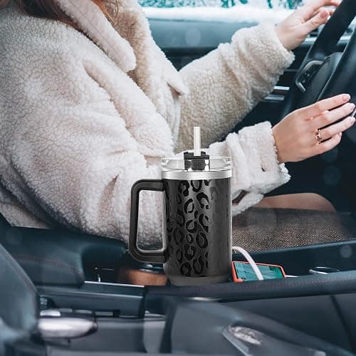 FECBK 40 oz Tumbler with Handle and Straw, 100% Leak-Proof Travel Mug, Stainless Steel Double Wall Vacuum Insulated Coffee Cup Keeps Cold For 34 Hours, Full Black Leopard thumbnail 2
