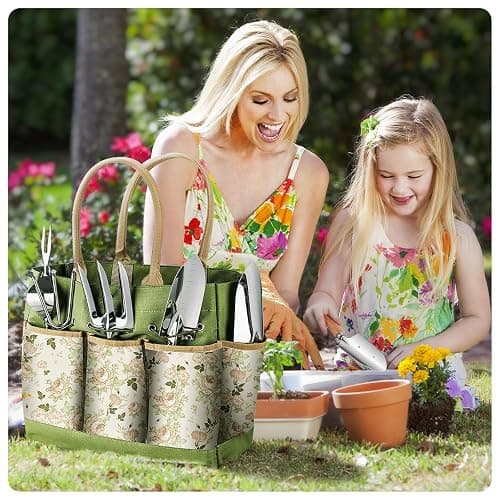 Gardening Tools 9-Piece Heavy Duty Garden Hand Tools with Fashion and Durable Garden Tools Organizer Handbag, Rust-Proof Garden Tool Set, Ideal Gardening Gifts for Women thumbnail 2