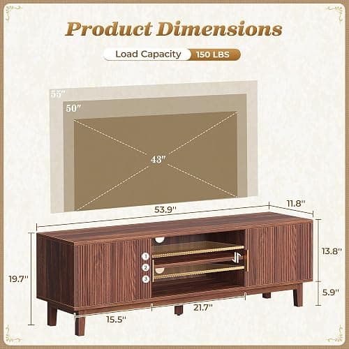 PRAISUN 54 Inch Fluted TV Stand for TVs Up to 55, 60 Inch, Mid Century Modern Entertainment Center with Storage, TV Console with Adjustable Shelves, Midea Console for Living Room Bedroom, Brown thumbnail 3