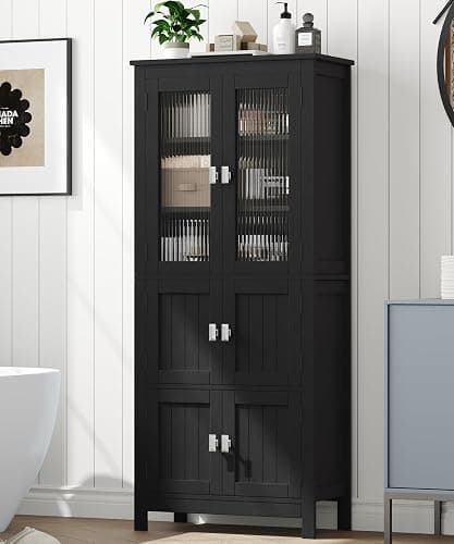 Akxomel 53.1" Tall Bathroom Storage Cabinet with 6 Doors and Adjustable Shlef, Bathroom Organizers and Storage, Linen Cabinet, Cupboard for Living Room, Kitchen, Entryway, Black thumbnail 2