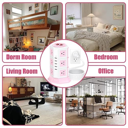 Pink Tower Power Strip with Surge Protection | HITRENDS 12 AC Outlets + 5 USB Ports | 16AWG/ 6.5 Ft Extension Cord with Multiple Outlets | Space-Saving Design for Office & Home(1625W, 1050J) thumbnail 7