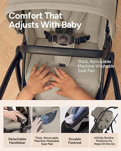 Mompush Wiz 2-in-1 Bassinet Stroller Reversible Seat, One-Hand Fold, Khaki | Newborn to toddler, large wheels with suspension, multi-position recline, UPF 50+ canopy, large basket, cup holder included thumbnail 10