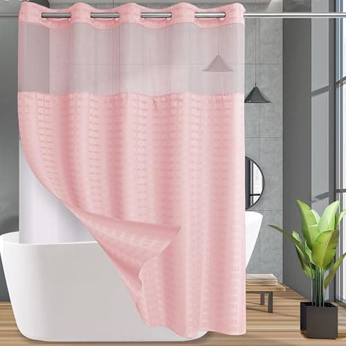 Conbo Mio Extra Long No Hook Shower Curtain with Snap in Liner Set, Hotel Luxury Pink Shower Curtains for Bathroom with See Through Top Window, Waterproof, Washable 71W x 84H - Image 1