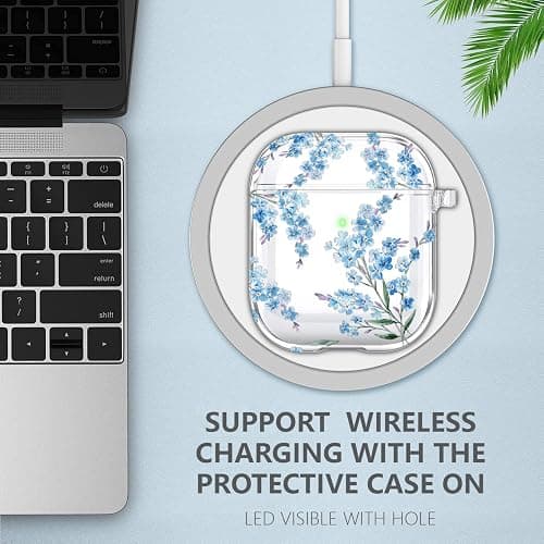 Wonjury Protective Clear Floral Case Cover with Cleaner Kit Portable Shockproof Women Girls with Keychain for Apple Airpods 2/1 Charging Case - Clear/Blue Flower thumbnail 4