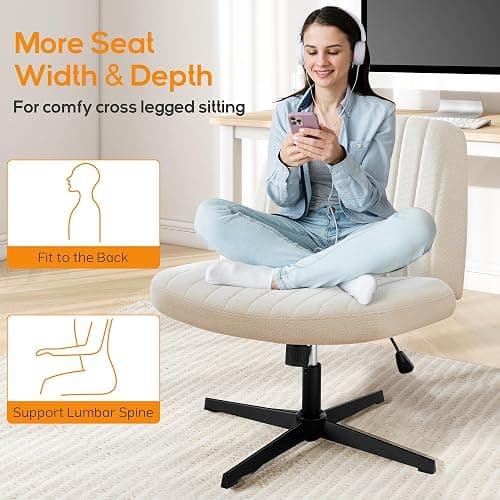 DUMOS Criss Cross Chair Legged Office Wide Comfy Desk Seat, No Wheels Armless Computer Task Seating, Swivel Vanity Home Height Adjustable - Modern - Beige thumbnail 3