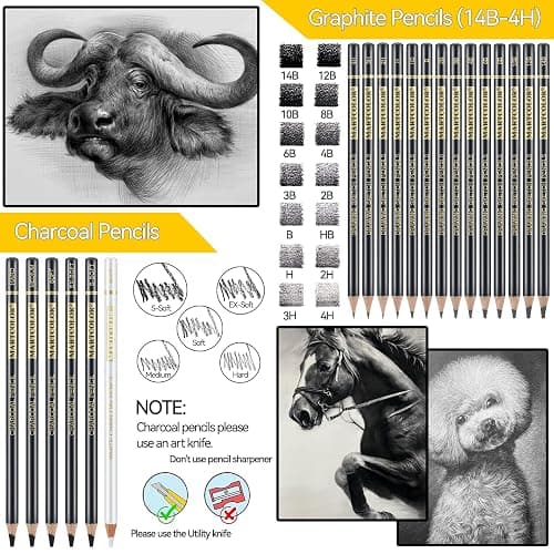MARTCOLOR Drawing Sketching Pencil Set, 26 Pieces, Graphite Pencils (14B-4H), Charcoal Pencils, Charcoal Sticks, Blending Stump, Eraser, Sharpeners, Artist Pencils for Beginners & Pro Artists thumbnail 4