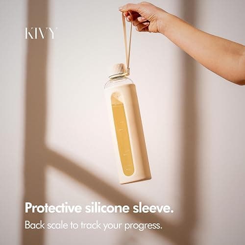 KIVY Glass Water Bottle with Silicone Sleeve 32 oz [WITH MEASUREMENT] - Borosilicate Glass Water Bottle Screw Top - Clear Bottles with Measurement Marking - Slim Waterbottle Aesthetic - Cream White - 32 Ounces - Cream White thumbnail 3