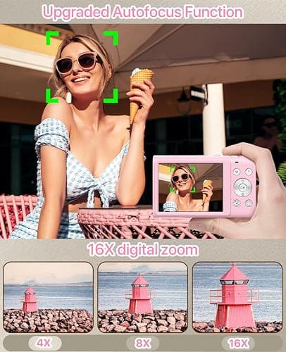 Digital Camera, 4K Vlogging Camera for YouTube Autofocus Cameras for Photography with 16X Digital Zoom, 48MP Compact Point and Shoot Digital Camera for Teens Adult with 32GB SD Card, 2 Batteries-Pink thumbnail 4