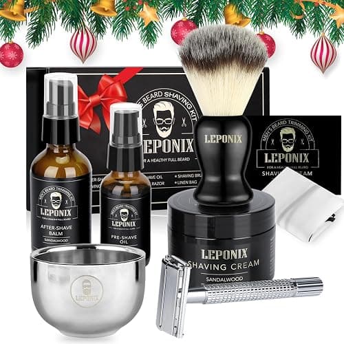Men’s Shaving Kit with Safety Razor, Sandalwood Shaving Cream, Aftershave, Pre-Shave Oil, Shave Brush & Bowl, Apron Bib – Premium Grooming Gift Set for Men, Dad, Husband – Ideal for Christmas, Birthday, Stocking Stuffers thumbnail 2