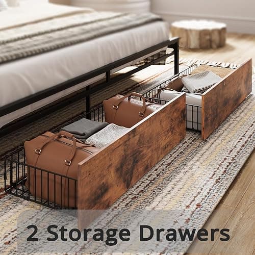LIKIMIO Queen Bed Frame, Storage Headboard with Charging Station, Platform Bed with Drawers, No Box Spring Needed, Easy Assembly, Vintage Brown and Gray thumbnail 5