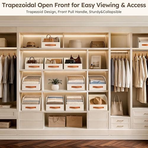 Homsorout Fabric Storage Bins for Organizing - 6 Pack Large Trapezoid Collapsible Storage Bins with Front Handle, Closet Organizers and Storage for Bedroom, Home Shelves, Small Spaces, Beige thumbnail 4