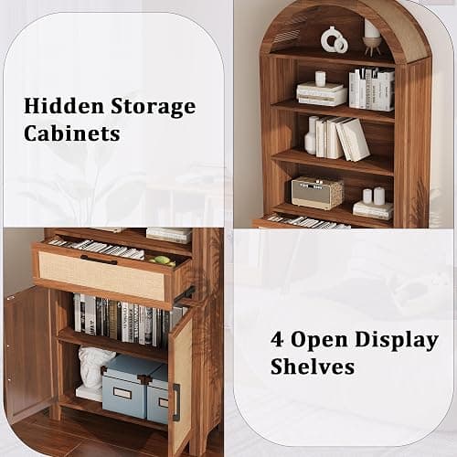 Janmer Home 79" Tall Arched Bookcase with Storage, Mid Century Modern 6-Tier Cabinet with Door and Drawer, Arched Bookshelf with Open Display Shelf for Office Living Room(Walnut, 79inch-Doors) thumbnail 8