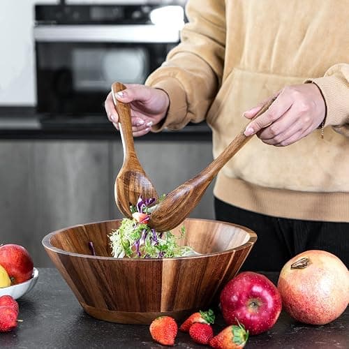 JF JAMES.F Wooden Salad Bowl, 12'' Acacia Wood Large Salad Bowl Set Big Salad Serving Bowl with Serving Utensils thumbnail 2