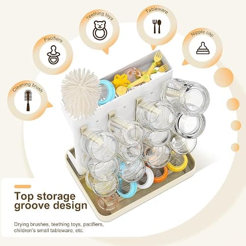 Viddett Superior Vertical Baby Bottle Drying Rack with 4-Pack Brush Set: Space-Saving Countertop Drying Rack - BPA-Free Baby Accessories Storage Stand Organizing Brushes & Pacifiers - Warm Beige thumbnail 5